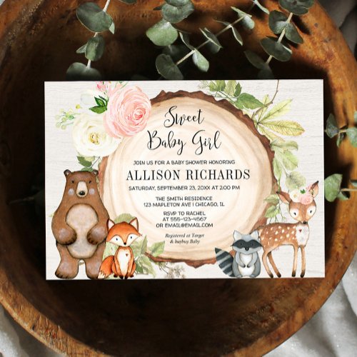 Sweet baby girl floral rustic woodland baby shower invitation