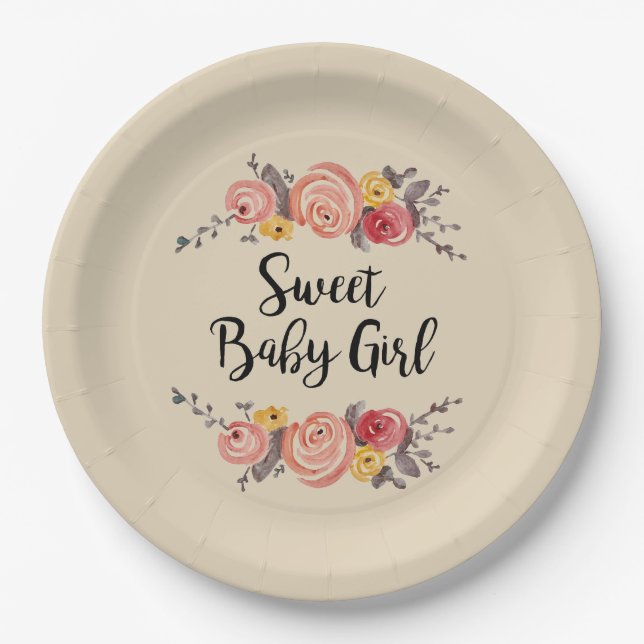 Sweet Baby Girl Flower Painting Paper Plates (Front)