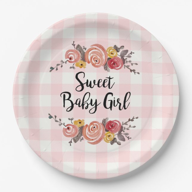 Sweet Baby Girl Gingham Baby Shower Paper Plates (Front)