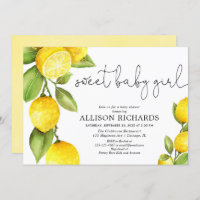 Sweet baby girl lemon watercolor girl baby shower invitation