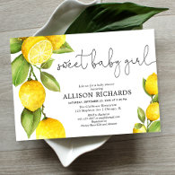 Sweet baby girl lemon watercolor girl baby shower invitation