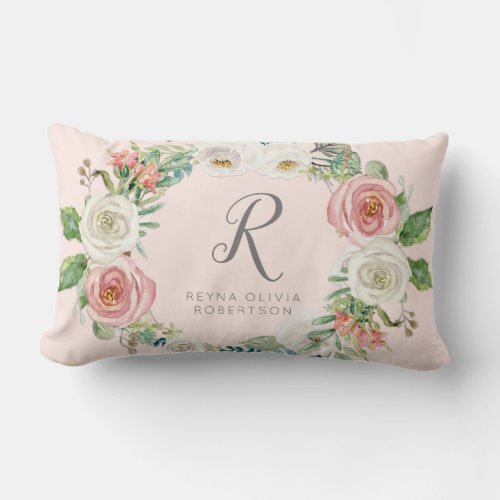 Sweet Baby Girl  Monogram Name Blush White Floral Lumbar Pillow