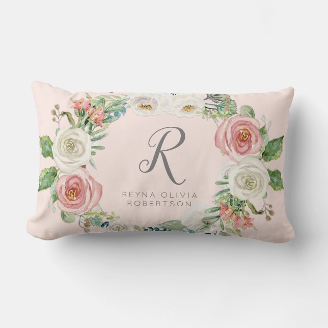 Sweet Baby Girl | Monogram Name Blush White Floral Lumbar Pillow (Front)