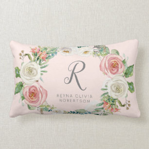 Sweet Baby Girl   Monogram Name Blush White Floral Lumbar Pillow