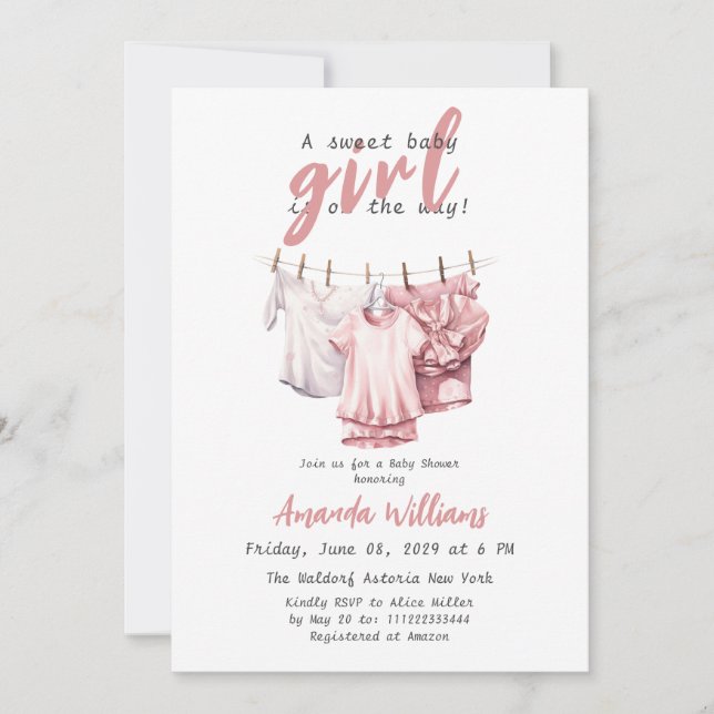 Sweet Baby Girl on the Way - Boho Pink Clothesline Invitation (Front)