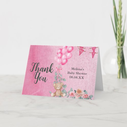 Sweet Baby Girl Pink Balloon Eucalyptus photo Thank You Card