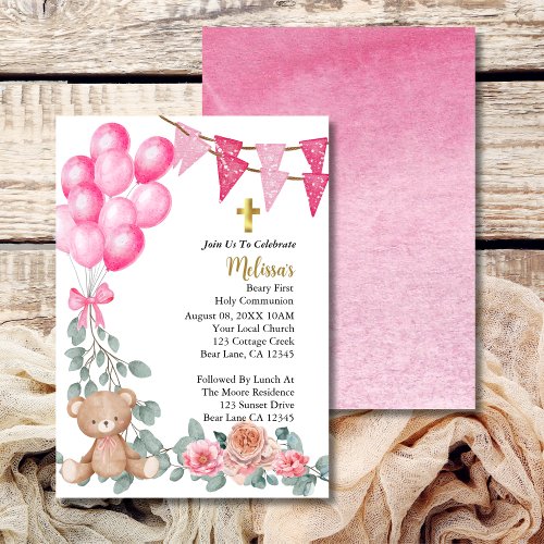 Sweet Baby Girl Pink Balloon First Holy Communion Invitation