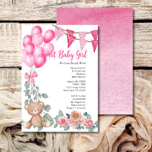 Sweet Baby Girl Pink Balloon Greenery Baby Shower Invitation