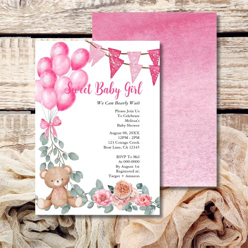 Sweet Baby Girl Pink Balloon Greenery Baby Shower Invitation