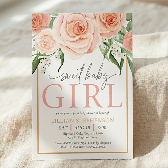 Sweet Baby Girl Pink Rose Floral Baby Shower Invitation (Creator Uploaded)