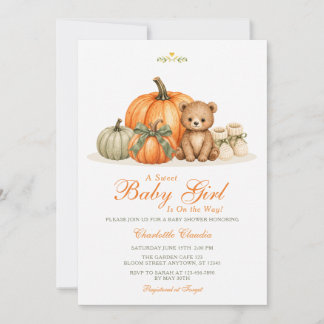 Sweet Baby Girl Pumpkin Bear Fall Baby Shower Invitation