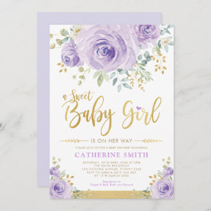 Sweet Baby Girl Purple Gold Floral Greenery Shower Invitation