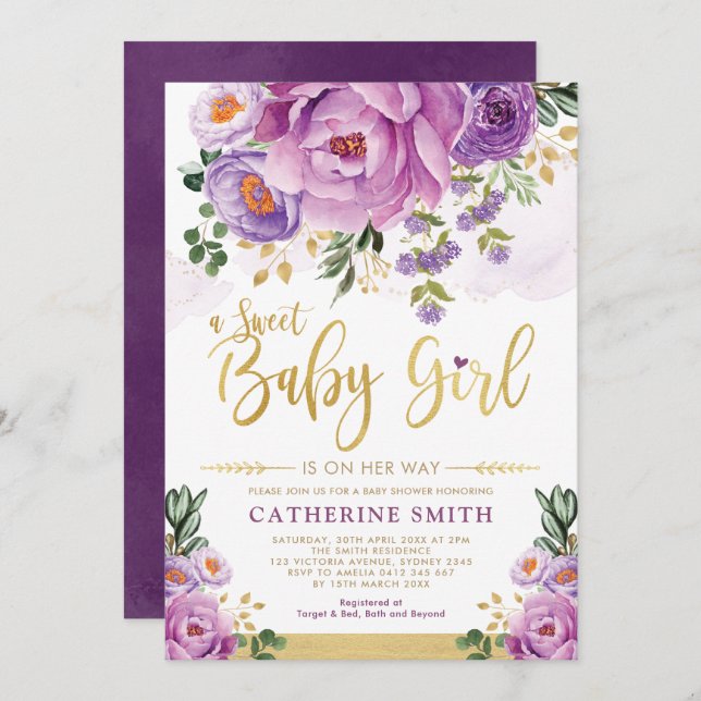 Sweet Baby Girl Purple Gold Peonies Baby Shower Invitation (Front/Back)