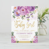 Sweet Baby Girl Purple Gold Peonies Baby Shower Invitation (Standing Front)