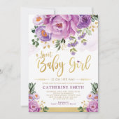 Sweet Baby Girl Purple Gold Peonies Baby Shower Invitation (Front)