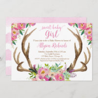 Sweet baby girl rustic boho antlers baby shower invitation