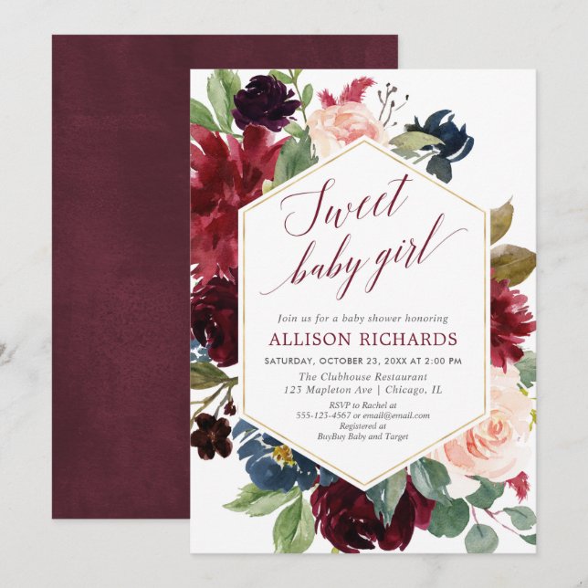 Sweet baby girl rustic floral blush burgundy invitation (Front/Back)