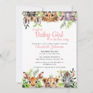 Sweet Baby Girl Safari Animals Baby Shower Invitation