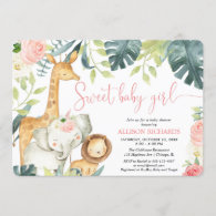 Sweet baby girl safari jungle animals baby shower invitation