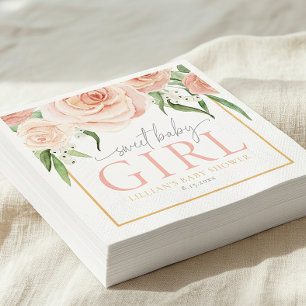 Sweet Baby Girl Soft Pink Rose Floral Baby Shower Napkins