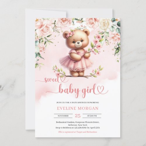 Sweet baby girl teddy bear blush spring flowers invitation