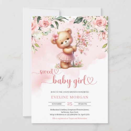 Sweet baby girl teddy bear blush spring flowers invitation