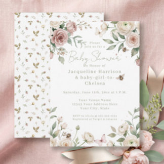 Sweet Baby Girl to Bee Rose Floral Pink n Ivory Invitation