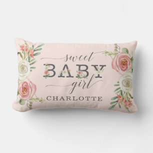 Sweet Baby Girl Watercolor Blush n White Floral Lumbar Pillow