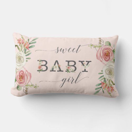 Sweet Baby Girl  Watercolor Blush n White Floral Lumbar Pillow