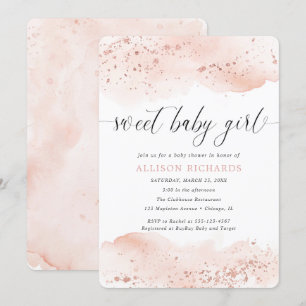Sweet baby girl watercolor rose gold blush pink invitation