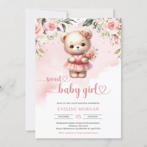 Sweet baby girl watercolor teddy bear blush floral invitation