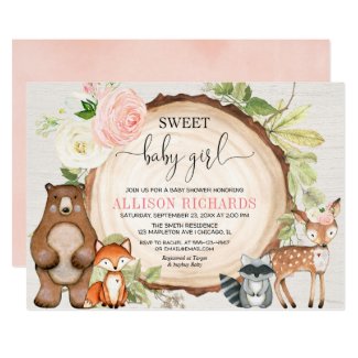 Sweet baby girl woodland cute animals baby shower invitation