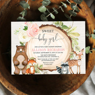 Sweet baby girl woodland cute animals baby shower invitation