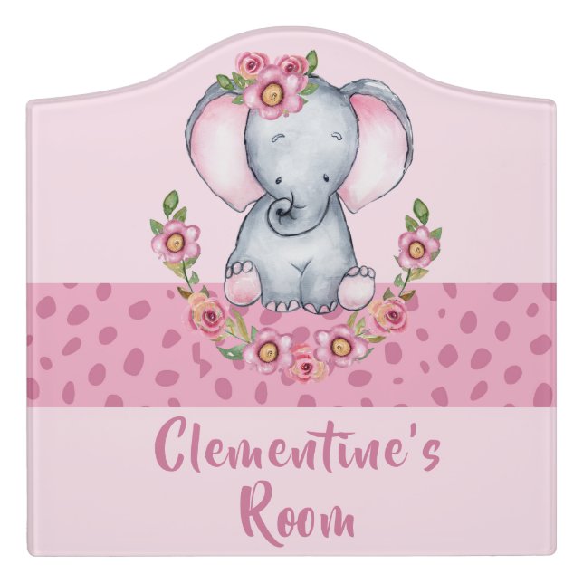 Sweet Baby Girl's Elephant Floral Animal Print Door Sign (Large Crest Front)