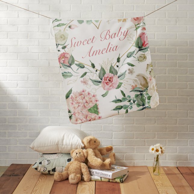 Sweet Baby Girls Floral Heart Bouquet Nursery Baby Blanket (In Situ)