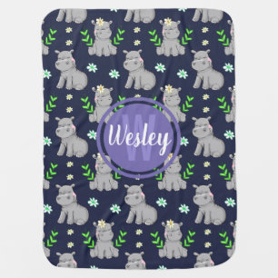 Sweet Baby Hippo Monogram Blue Blanket