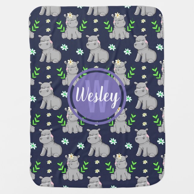 Sweet Baby Hippo Monogram Blue Blanket (Front)