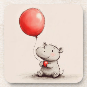 Sweet Baby Hippo with Red Balloon Beverage Coaster