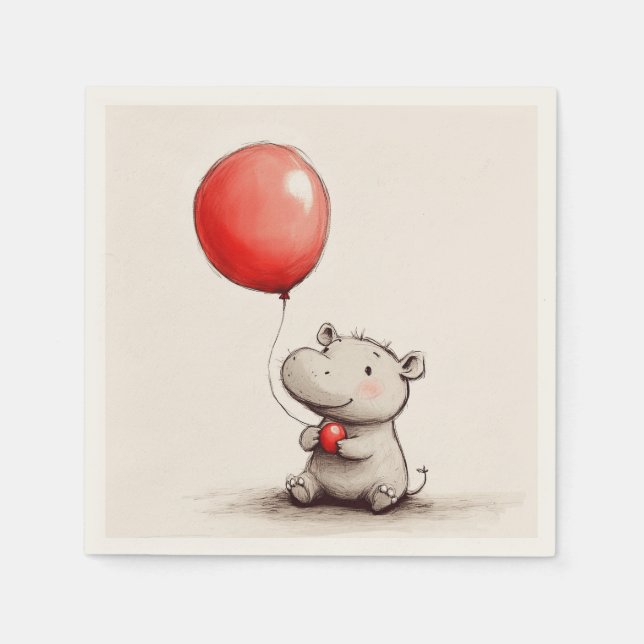  Sweet Baby Hippo with Red Balloon Paper Napkins (Front)