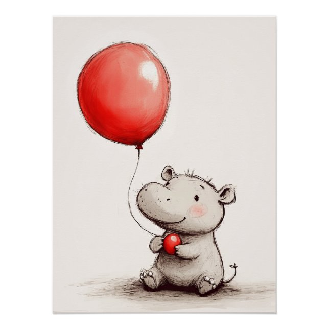  Sweet Baby Hippo with Red Balloon Poster (Front)
