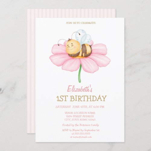 Sweet Baby Honey Bee Flower Striped Birthday  Invitation