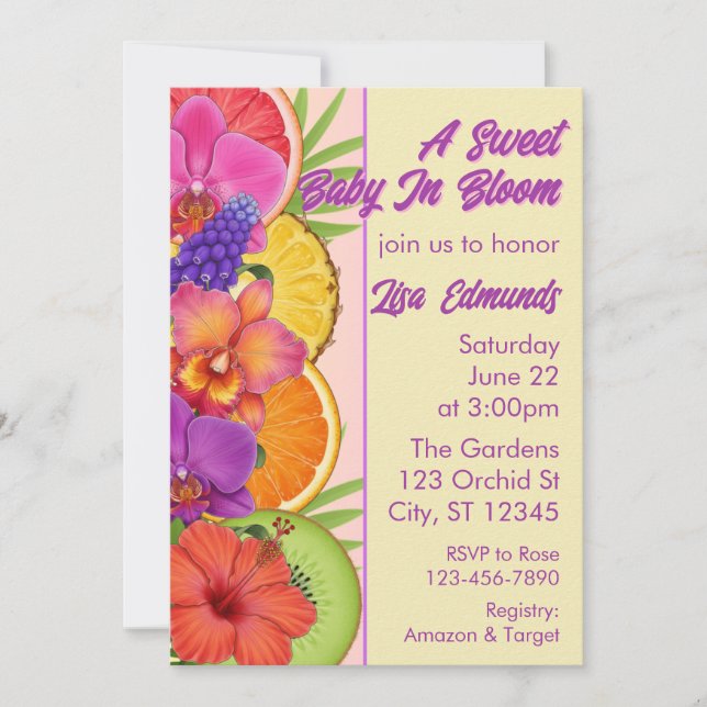 Sweet Baby in Bloom, flowers & fruit baby shower Invitation (Front)