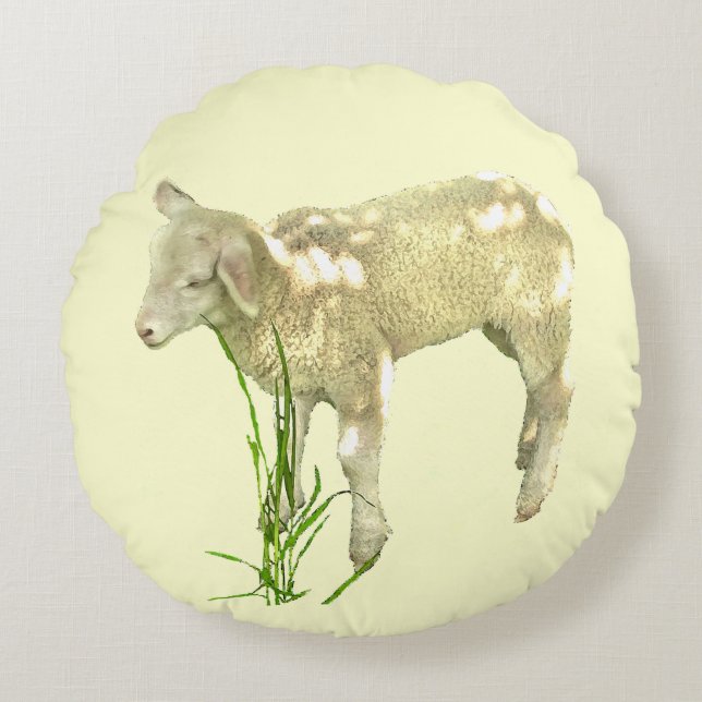 Sweet Baby Lamb on Yellow Round Pillow (Front)