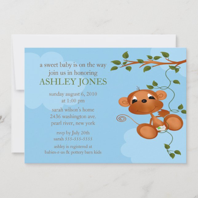 Sweet Baby Monkey Baby Shower Invitation (Front)