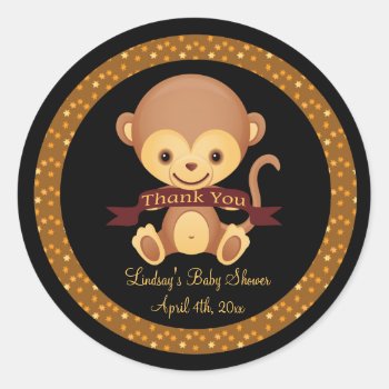Sweet Baby Monkey Baby Shower Thank You Classic Round Sticker by StarStruckDezigns at Zazzle