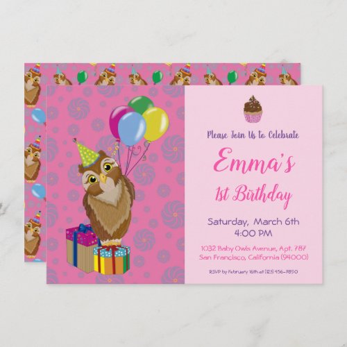 Sweet Baby Owl Blush Pink Girl Happy Birthday  Invitation
