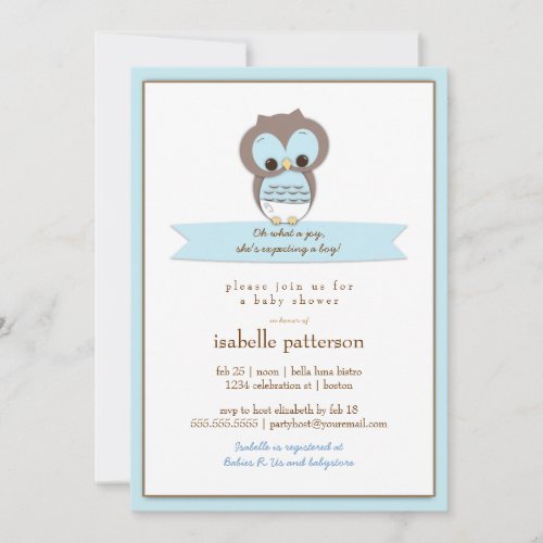 Sweet Baby Owl Its a Boy Baby Shower Invitation