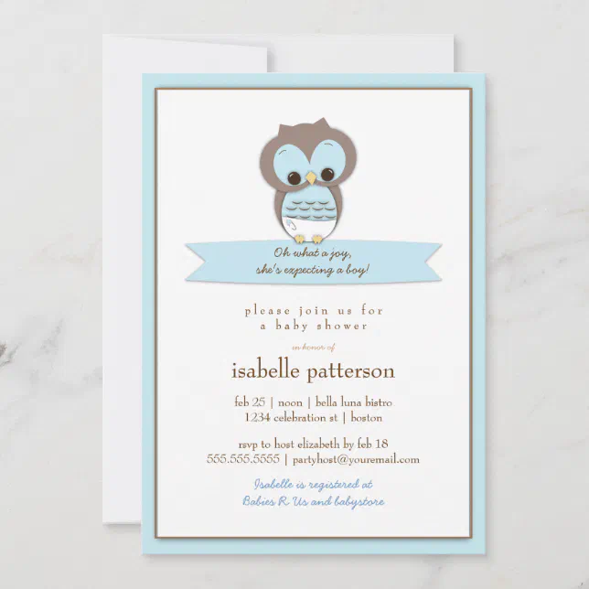 Sweet Baby Owl It's a Boy Baby Shower Invitation | Zazzle