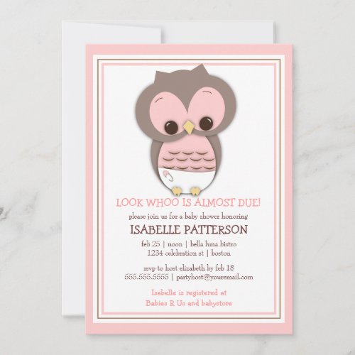 Sweet Baby Owl It's a Girl Baby Shower Invitation