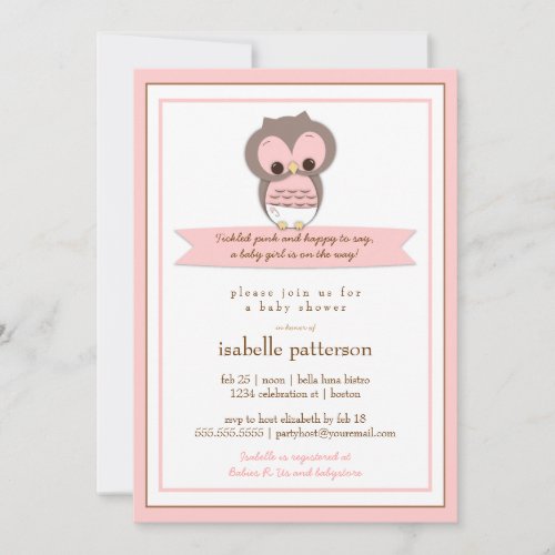 Sweet Baby Owl It's a Girl Baby Shower Invitation